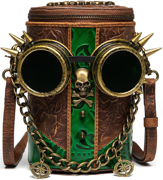 DEEPKEE original nubuck handmade full-grain genuine leather cowhide bag Deepkee Exquisite Goggles Skull Cowhide Bucket Bag #G199B