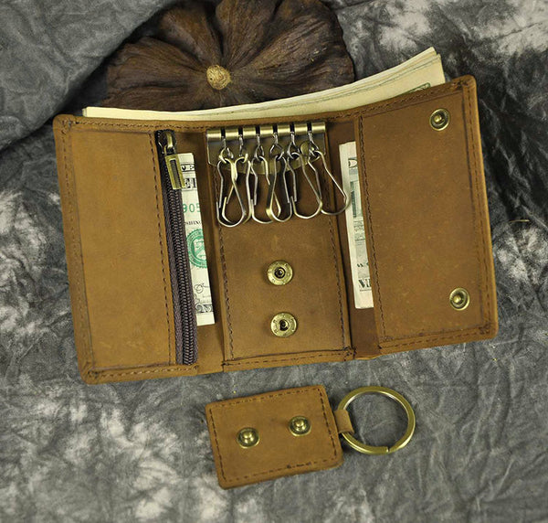 DEEPKEE original nubuck handmade full-grain genuine leather cowhide bag DEEPKEE Handmade Leather Trifold Key Wallet #KZ230