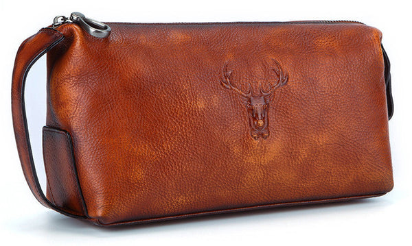 DEEPKEE original nubuck handmade full-grain genuine leather cowhide bag Cool Brown Black Coffee Leather Clutch Bag Purse Business Handbag #8185