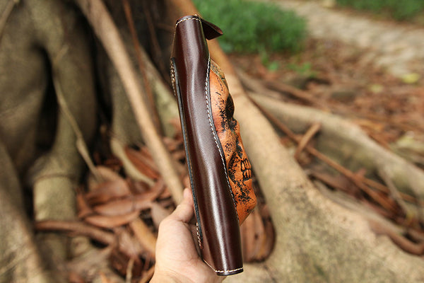 DEEPKEE original nubuck handmade full-grain genuine leather cowhide bag Handmade Leather Skull Death Tooled Long Wallet #5248