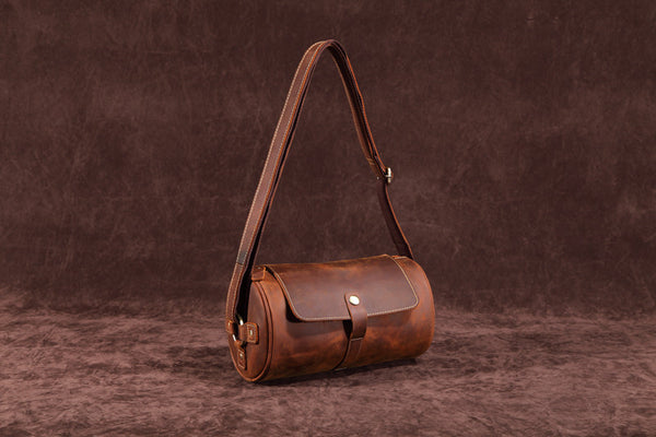 DEEPKEE original nubuck handmade full-grain genuine leather cowhide bag Vintage Leather Cylindricity Crossbody Bags No.SF061