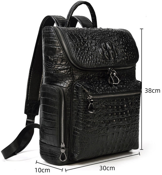 DEEPKEE original nubuck handmade full-grain genuine leather cowhide bag Black Crocodile Pattern Leather Men's 14 inches Travel College Backpack For Men #6070