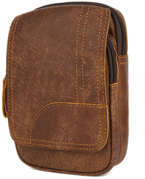 DEEPKEE original nubuck handmade full-grain genuine leather cowhide bag Leather Cowhide Frosted Brown Wear Belt Riding Site Work Waist Bag #6370