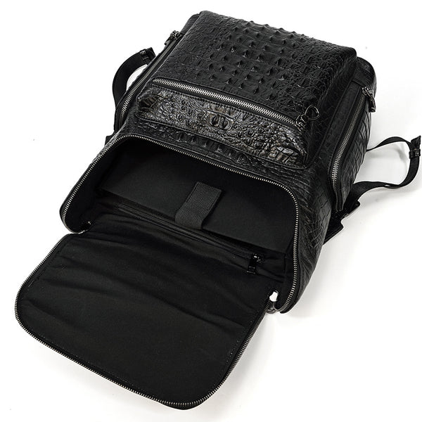 DEEPKEE original nubuck handmade full-grain genuine leather cowhide bag Black Crocodile Pattern Leather Men's 14 inches Travel College Backpack For Men #6070