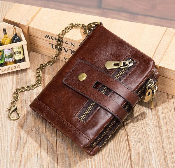 DEEPKEE original nubuck handmade full-grain genuine leather cowhide bag DEEPKEE Leather Bifold Chain Wallet 7515