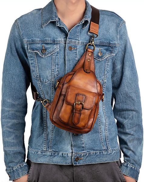 DEEPKEE original nubuck handmade full-grain genuine leather cowhide bag Leather Sling Bag Crossbody Sling Pack Black Small Shoulder Bag Side Bag For Men #WX8683