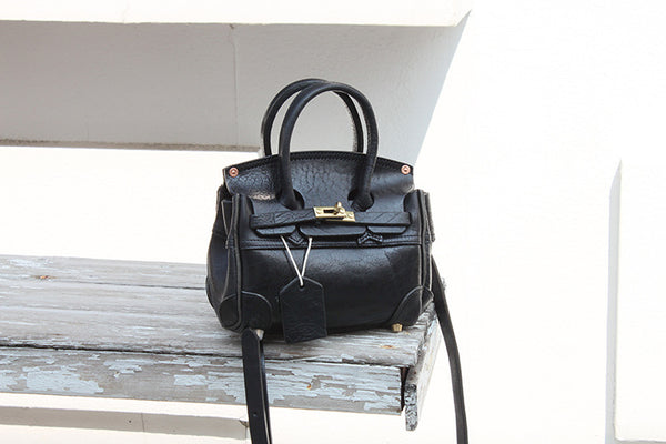 DEEPKEE original nubuck handmade full-grain genuine leather cowhide bag Handmade Faux Birkin 20 Black Leather Gold Hardware #KM-61117