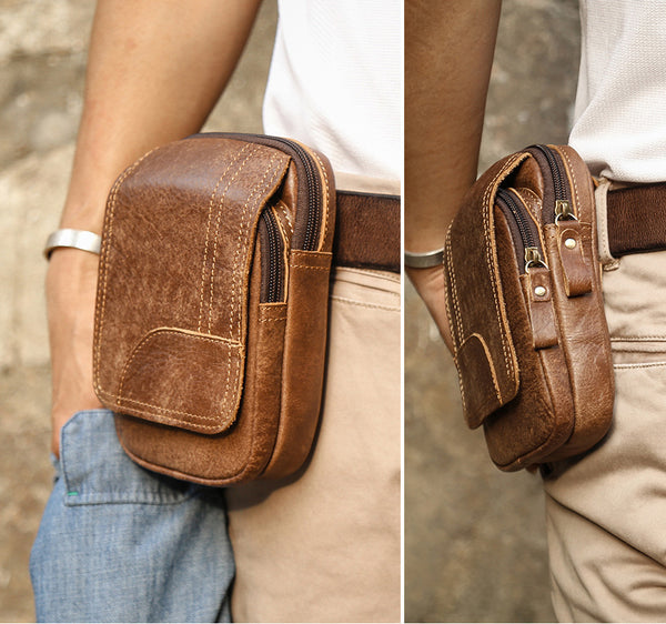 DEEPKEE original nubuck handmade full-grain genuine leather cowhide bag Leather Cowhide Frosted Brown Wear Belt Riding Site Work Waist Bag #6370