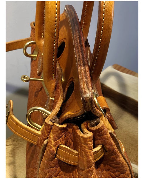 DEEPKEE original nubuck handmade full-grain genuine leather cowhide bag Shrunk Grain Cowhide Replic Faux Birkin 25 Bag #EOL-4494