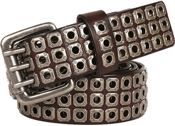 DEEPKEE original nubuck handmade full-grain genuine leather cowhide bag Punk Vapor Eye Hollowed Out Studded Cowhide Belt #210705