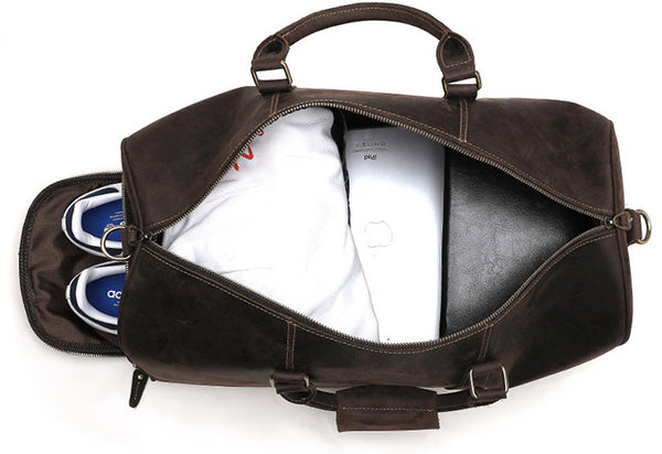 DEEPKEE original nubuck handmade full-grain genuine leather cowhide bag The Duffel Luggage Bag #6482 Our Men's Leather Duffle Bag with Shoe Compartment.