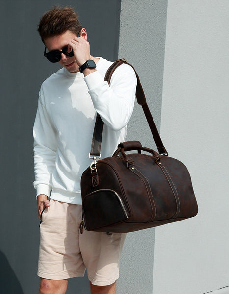 DEEPKEE original nubuck handmade full-grain genuine leather cowhide bag The Duffel Luggage Bag #6482 Our Men's Leather Duffle Bag with Shoe Compartment.