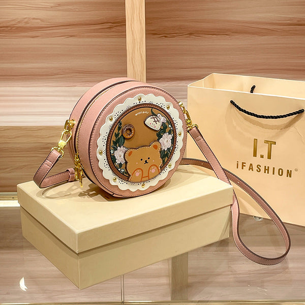 DEEPKEE original nubuck handmade full-grain genuine leather cowhide bag DEEPKEE HANDMADE LEATHER Miss Gail Luxury OOTD Round Crossbody Bag #G1144