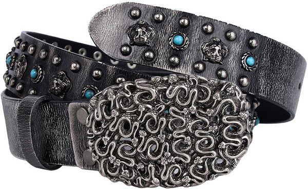 DEEPKEE original nubuck handmade full-grain genuine leather cowhide bag Heavy Industry Trend Rivets Punk Inlaid Imitation Tturquoise Cowhide Belt #191207