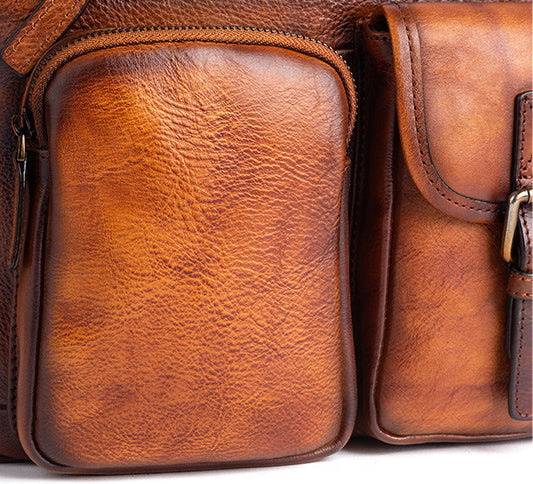 DEEPKEE original nubuck handmade full-grain genuine leather cowhide bag Vegetable Tanned full-grain Leather Crossbody Casual Bag, Hand Colored. 13669