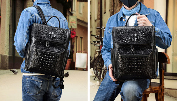 DEEPKEE original nubuck handmade full-grain genuine leather cowhide bag Black Crocodile Pattern Leather Men's 14 inches Travel College Backpack For Men #6070