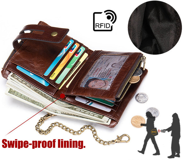 DEEPKEE original nubuck handmade full-grain genuine leather cowhide bag DEEPKEE Leather Bifold Chain Wallet 7515