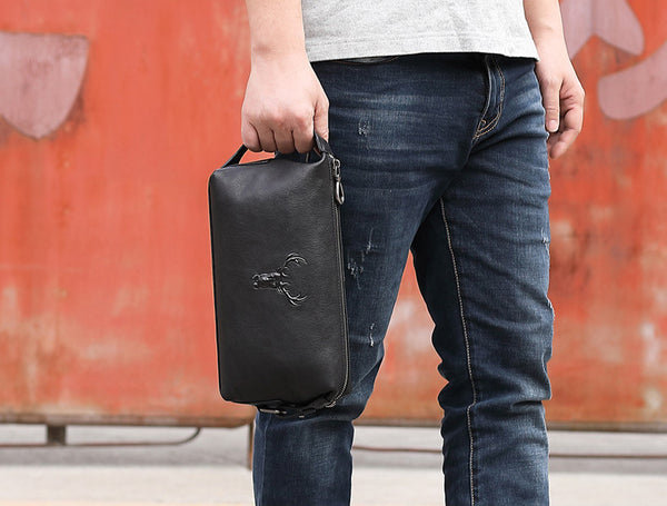 DEEPKEE original nubuck handmade full-grain genuine leather cowhide bag Cool Brown Black Coffee Leather Clutch Bag Purse Business Handbag #8185