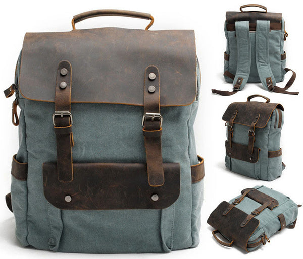 DEEPKEE original nubuck handmade full-grain genuine leather cowhide bag Vintage Waxed Canvas Backpack, Waterproof Rucksack # 8064K_1