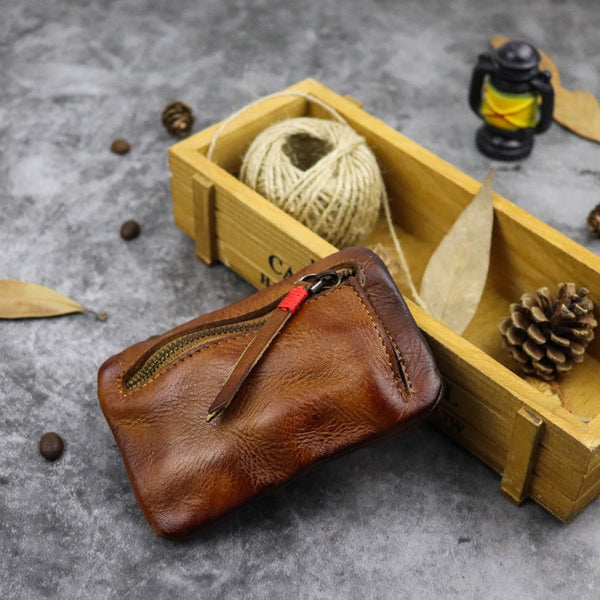 DEEPKEE original nubuck handmade full-grain genuine leather cowhide bag Vintage Slim Tan Leather Coin Wallet Zipper Coin Holder #SG121