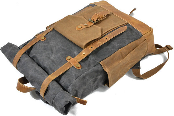 DEEPKEE original nubuck handmade full-grain genuine leather cowhide bag Classic Oil-Wax Canvas Drawstring Backpack #6105Z