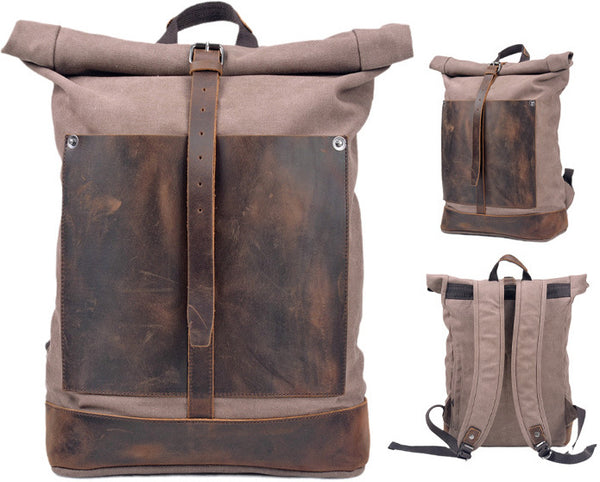 DEEPKEE original nubuck handmade full-grain genuine leather cowhide bag Deepkee®handmade Canvas&leather Roll Top Expansion Backpack No.5118