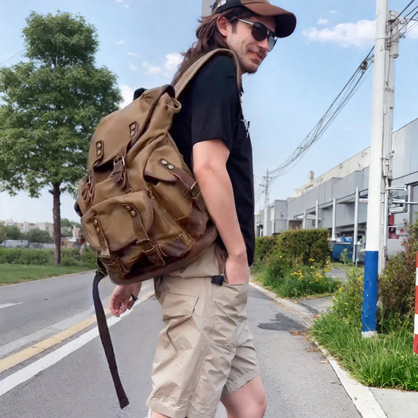 DEEPKEE original nubuck handmade full-grain genuine leather cowhide bag Canvas Spliced Leather Mountaineering Backapck #9508