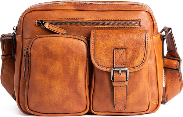 DEEPKEE original nubuck handmade full-grain genuine leather cowhide bag Vegetable Tanned full-grain Leather Crossbody Casual Bag, Hand Colored. 13669