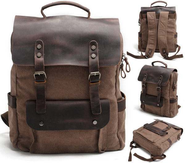 DEEPKEE original nubuck handmade full-grain genuine leather cowhide bag Vintage Waxed Canvas Backpack, Waterproof Rucksack # 8064K_1