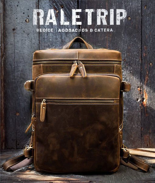 DEEPKEE original nubuck handmade full-grain genuine leather cowhide bag Jacob Offset Cylinder Travel Backpack No8027