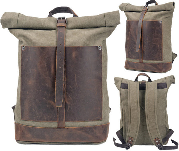 DEEPKEE original nubuck handmade full-grain genuine leather cowhide bag Deepkee®handmade Canvas&leather Roll Top Expansion Backpack No.5118