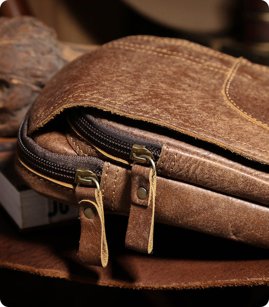 DEEPKEE original nubuck handmade full-grain genuine leather cowhide bag Leather Cowhide Frosted Brown Wear Belt Riding Site Work Waist Bag #6370