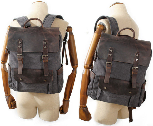 DEEPKEE original nubuck handmade full-grain genuine leather cowhide bag Vintage Waxed Canvas Backpack, Waterproof Rucksack # 8064K_1