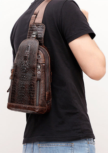 DEEPKEE original nubuck handmade full-grain genuine leather cowhide bag Deepkee Leather Crocodile Texture Cowhide Sling Bag #1313