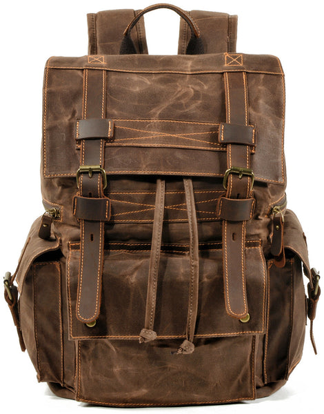 DEEPKEE original nubuck handmade full-grain genuine leather cowhide bag Waxed Canvas Travel Hiking Backpack # 9504