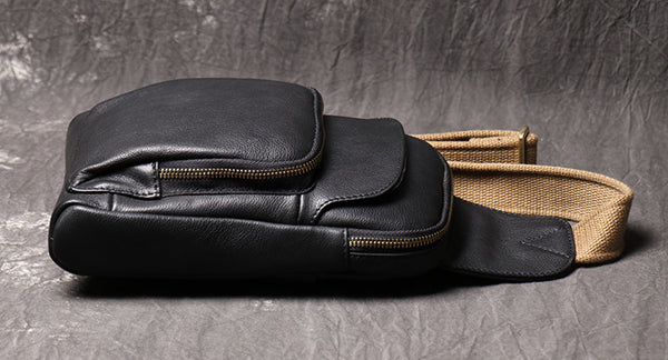 DEEPKEE original nubuck handmade full-grain genuine leather cowhide bag Men's Leather Casual Sling Bag with Canvas Strap No.4011