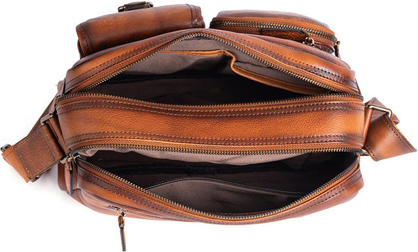 DEEPKEE original nubuck handmade full-grain genuine leather cowhide bag Vegetable Tanned full-grain Leather Crossbody Casual Bag, Hand Colored. 13669