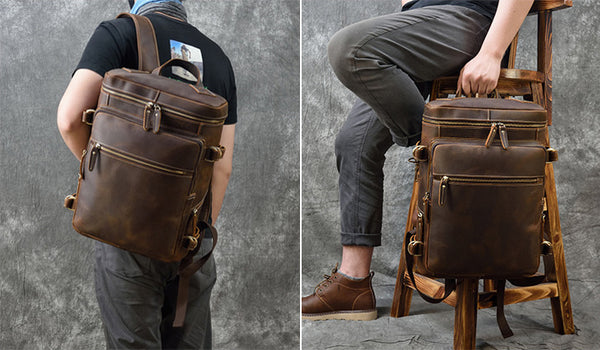 DEEPKEE original nubuck handmade full-grain genuine leather cowhide bag Jacob Offset Cylinder Travel Backpack No8027