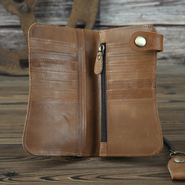 DEEPKEE original nubuck handmade full-grain genuine leather cowhide bag Deepkee Genuine Leather Bifold Wallet Organizer Checkbook Iron Chain #LD052