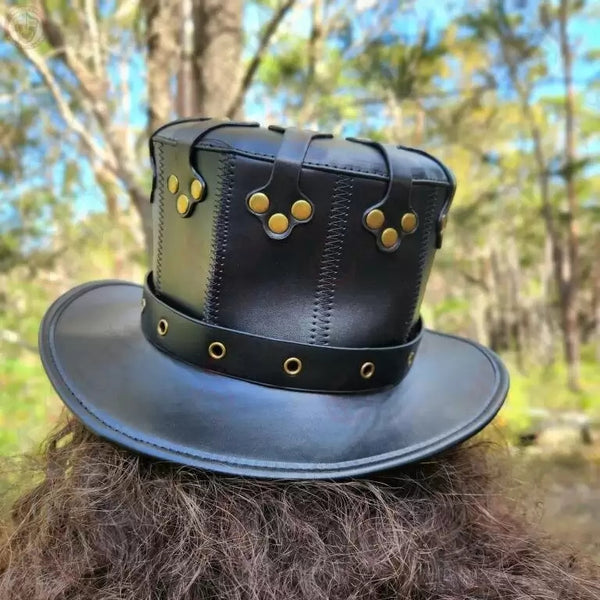 DEEPKEE original nubuck handmade full-grain genuine leather cowhide bag Black Dapper Steampunk Hat #HG144