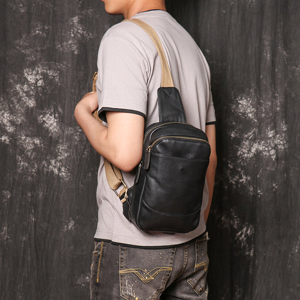 DEEPKEE original nubuck handmade full-grain genuine leather cowhide bag Bud Leather Casual Sling Bag with Canvas Strap No.3396