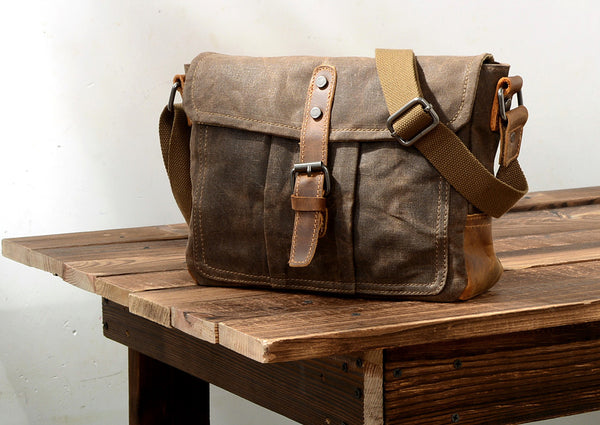 DEEPKEE original nubuck handmade full-grain genuine leather cowhide bag Waxed Canvas Mens Waterproof Side Bag, Courier Bag, Messenger Bag for Men.