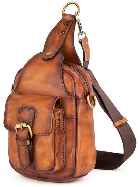 DEEPKEE original nubuck handmade full-grain genuine leather cowhide bag Leather Sling Bag Crossbody Sling Pack Black Small Shoulder Bag Side Bag For Men #WX8683