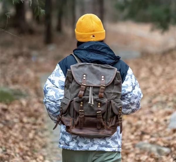 DEEPKEE original nubuck handmade full-grain genuine leather cowhide bag Canvas Spliced Leather Mountaineering Backapck #9508