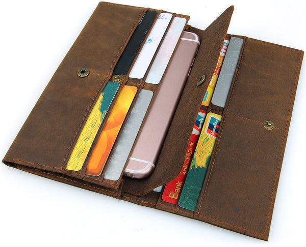 DEEPKEE original nubuck handmade full-grain genuine leather cowhide bag Deepkee Handmade Leather Bifold Long Wallet Checkbook Wallet #W8110