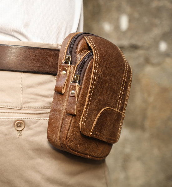 DEEPKEE original nubuck handmade full-grain genuine leather cowhide bag Leather Cowhide Frosted Brown Wear Belt Riding Site Work Waist Bag #6370