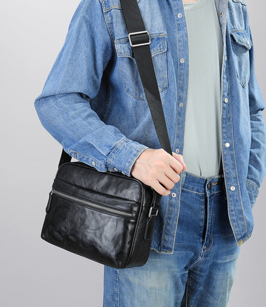 DEEPKEE original nubuck handmade full-grain genuine leather cowhide bag Black Cool Leather 10 inches Large Zipper Messenger Bag Handbag Shoulder Bag For Men