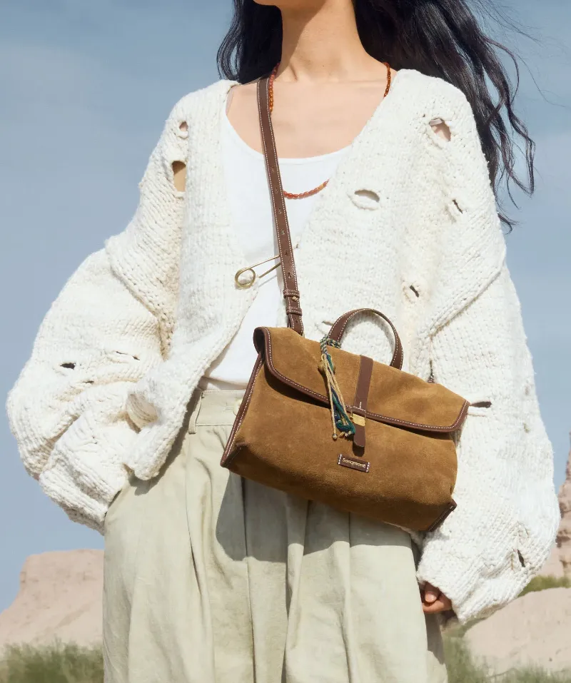 DEEPKEE original nubuck handmade full-grain genuine leather cowhide bag 隨遊小挎包女古麂皮絨單肩斜挎手提包B24SX36Y01-66GS號