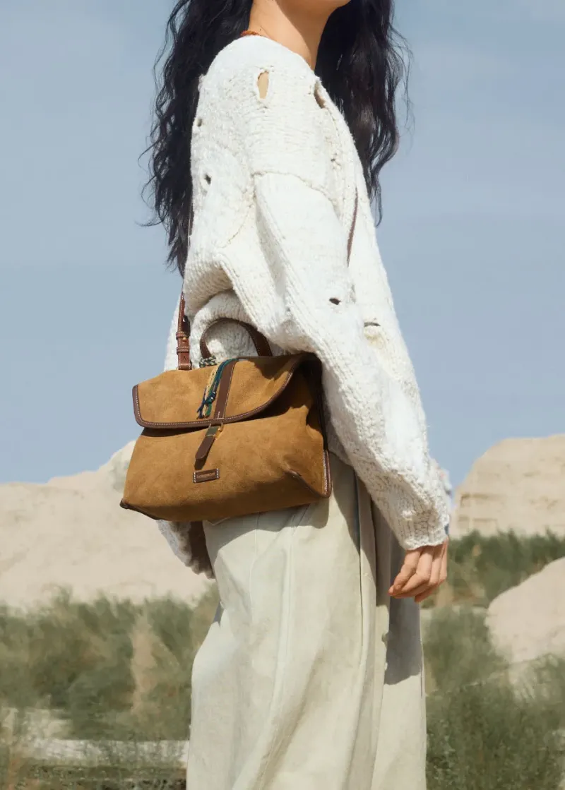 DEEPKEE original nubuck handmade full-grain genuine leather cowhide bag 隨遊小挎包女古麂皮絨單肩斜挎手提包B24SX36Y01-66GS號