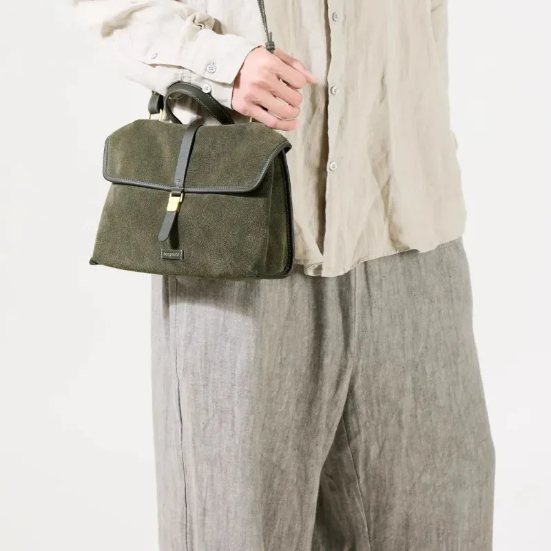 DEEPKEE original nubuck handmade full-grain genuine leather cowhide bag 隨遊小挎包女古麂皮絨單肩斜挎手提包B24SX36Y01-66GS號